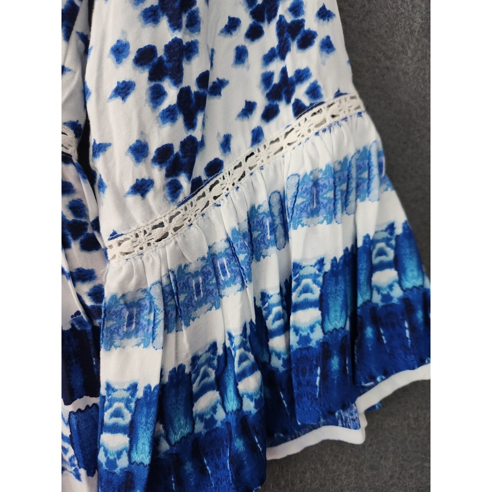 NWOT Angie Tie Front Top Womens Sz L White Blue Bohemian Boho Chic Bell Sleeve - Picture 10 of 10